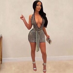 Elegant Black and Silver Striped Halter Dress